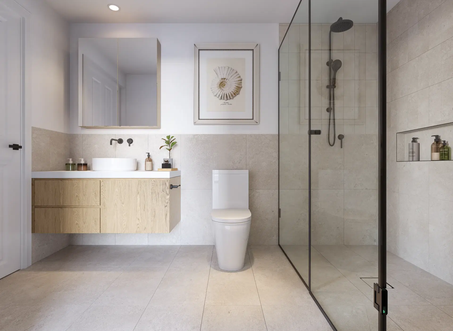 363 Waterdale Road, Bellfield — bathroom with a stone-tiled walk-in shower, timber vanity and matte black tapware