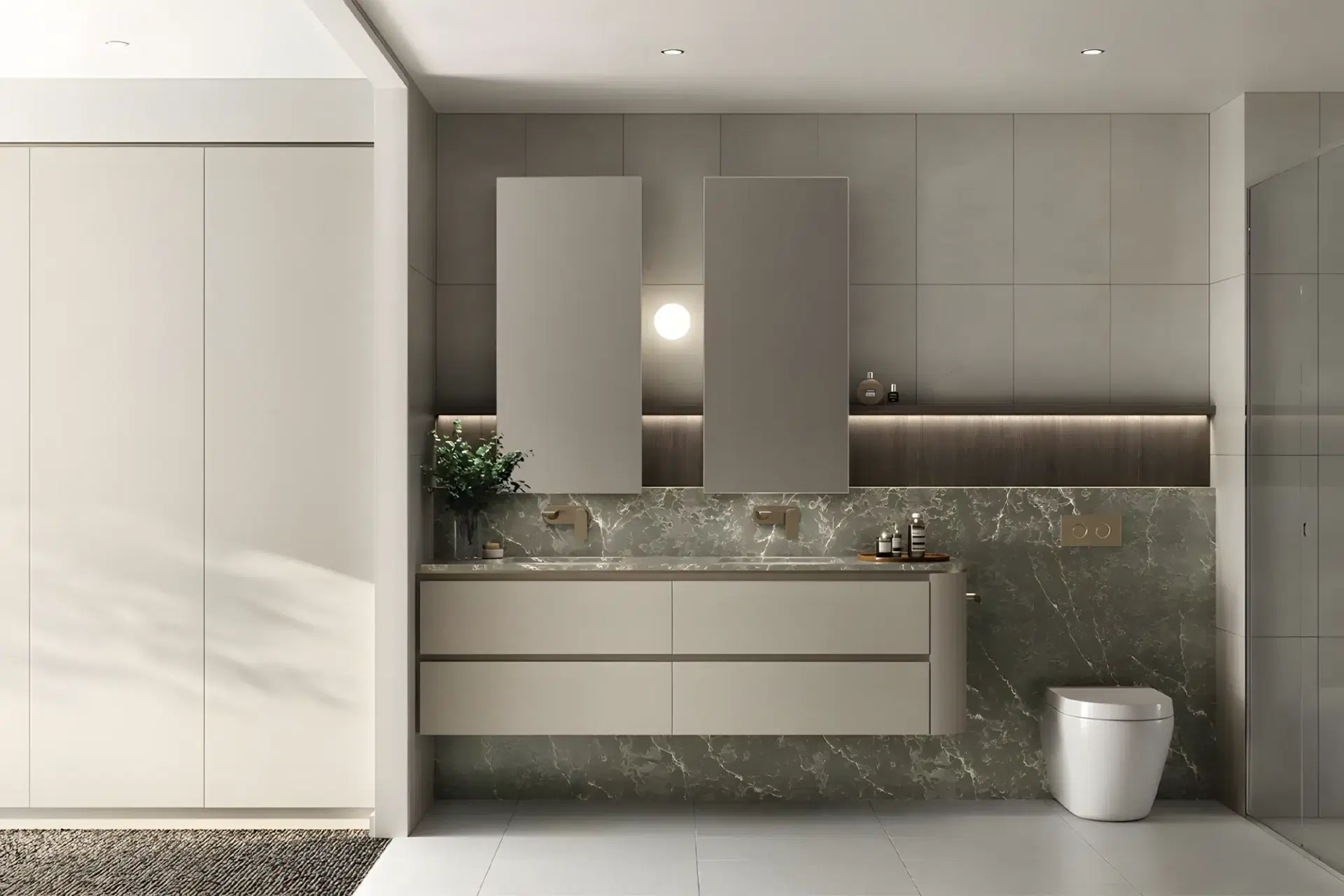 Highett Apartments — bathroom with a green stone benchtop and tall mirrored cabinets