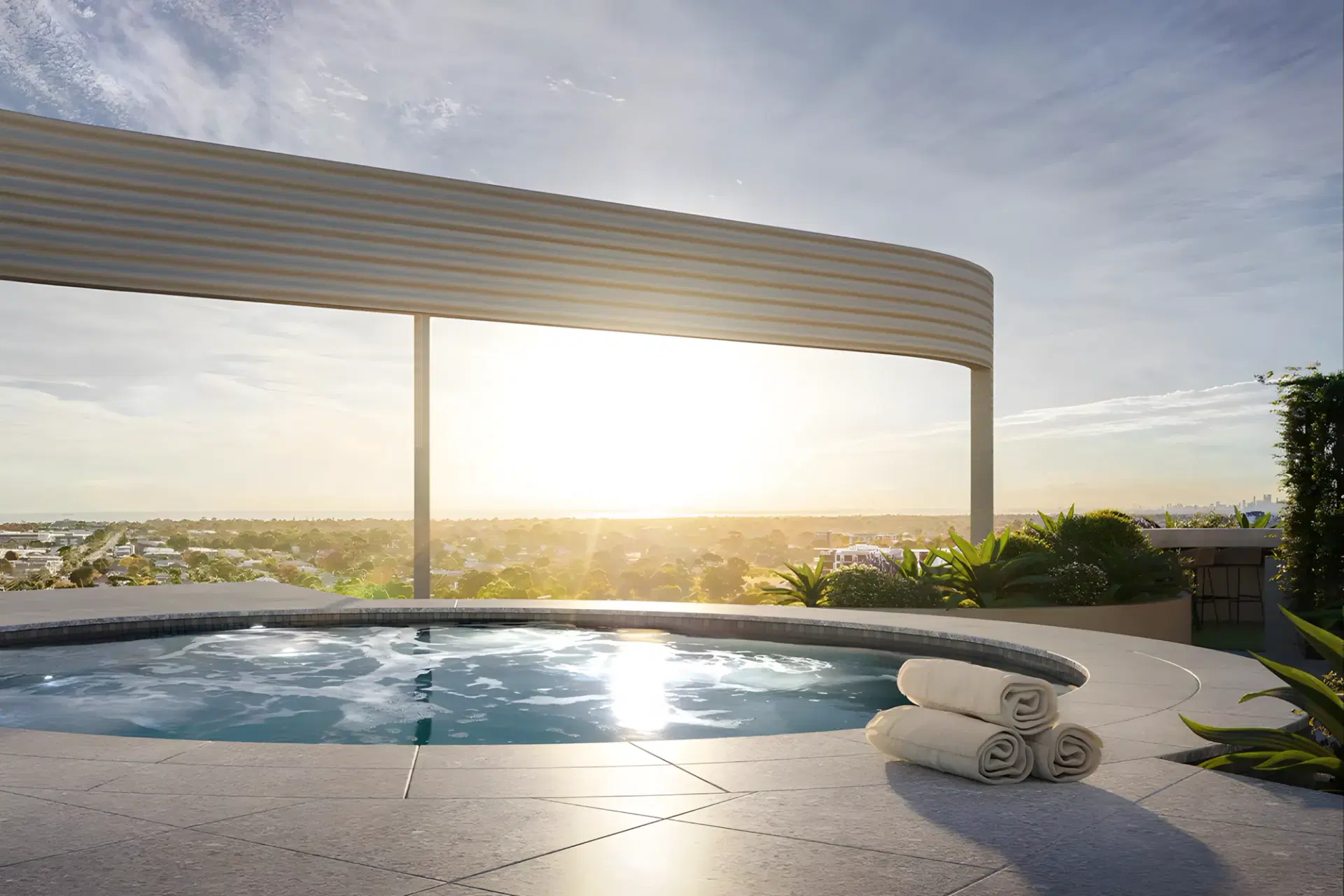 Highett Apartments — rooftop spa at sunset beneath a curved pergola