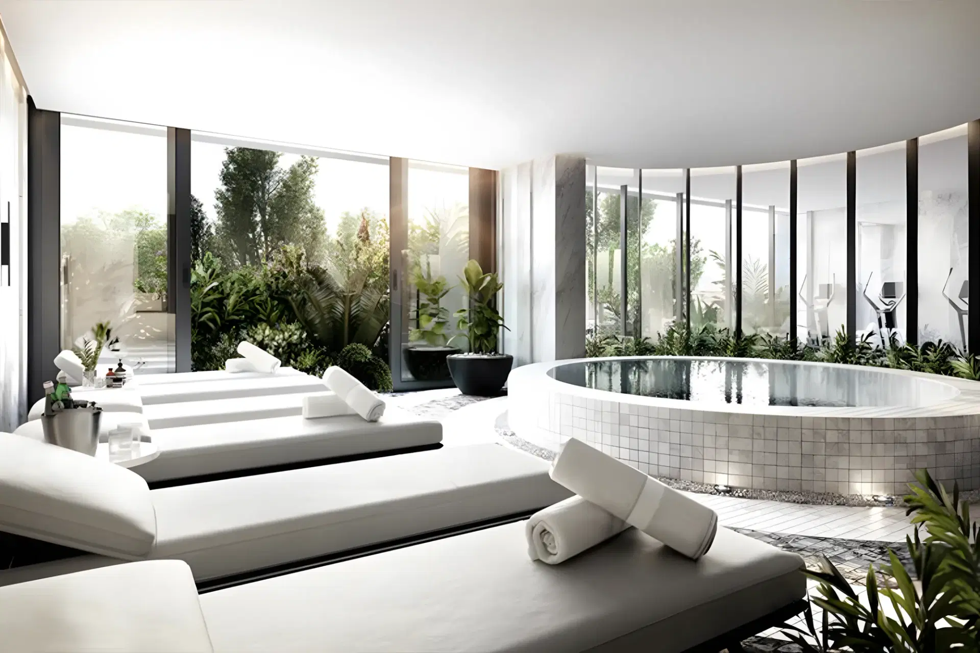 South Melbourne Apartment — residents' indoor pool and day beds beneath a curved glazed wall