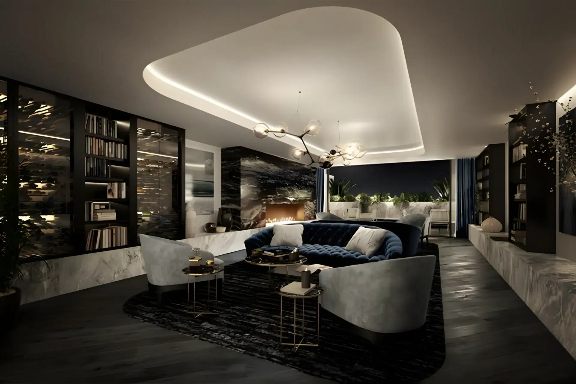 South Melbourne Apartment — residents' lounge in dark tones with a curved ceiling detail