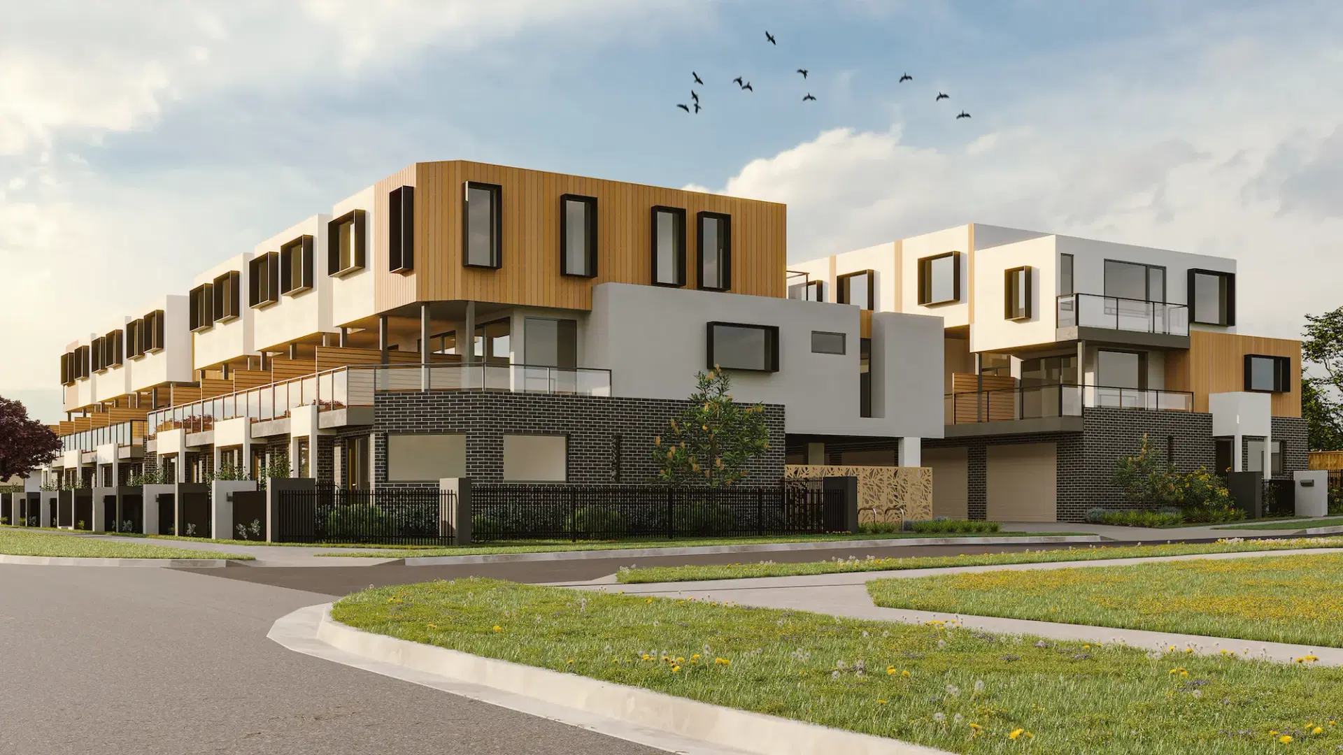 Bayswater apartment building in warm timber cladding and pale render on a landscaped corner site