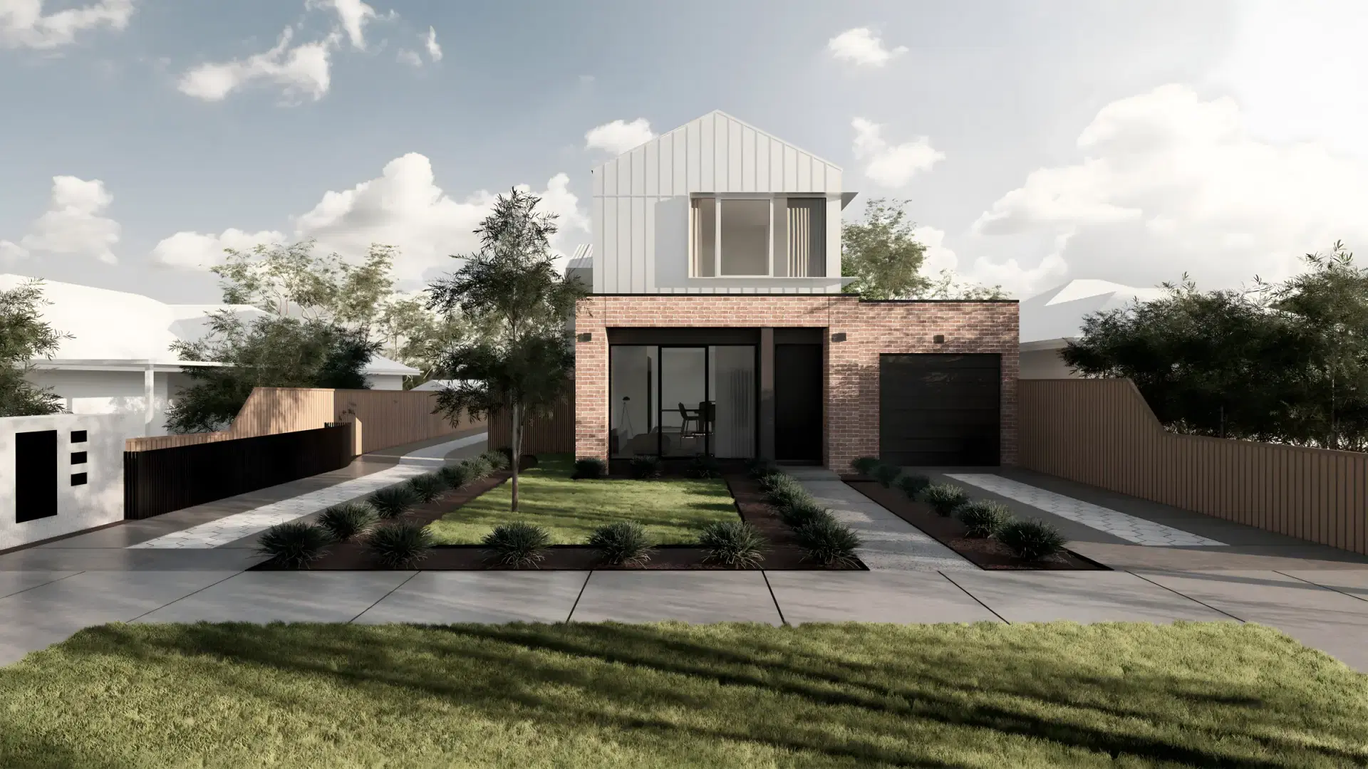 Contemporary brick and white-clad Melbourne townhouse with landscaped front garden
