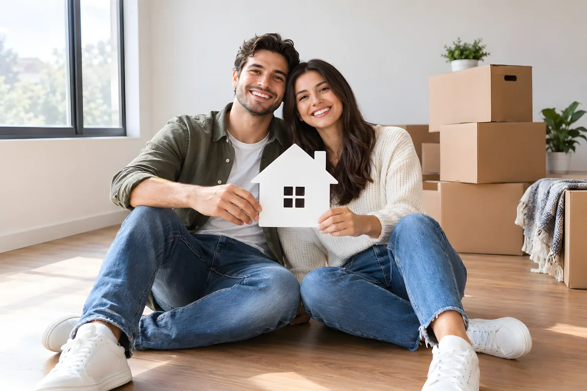 A young couple sit smiling on the timber floor of a sunlit empty room, holding a white cut-out of a house between them, with stacked moving boxes behind