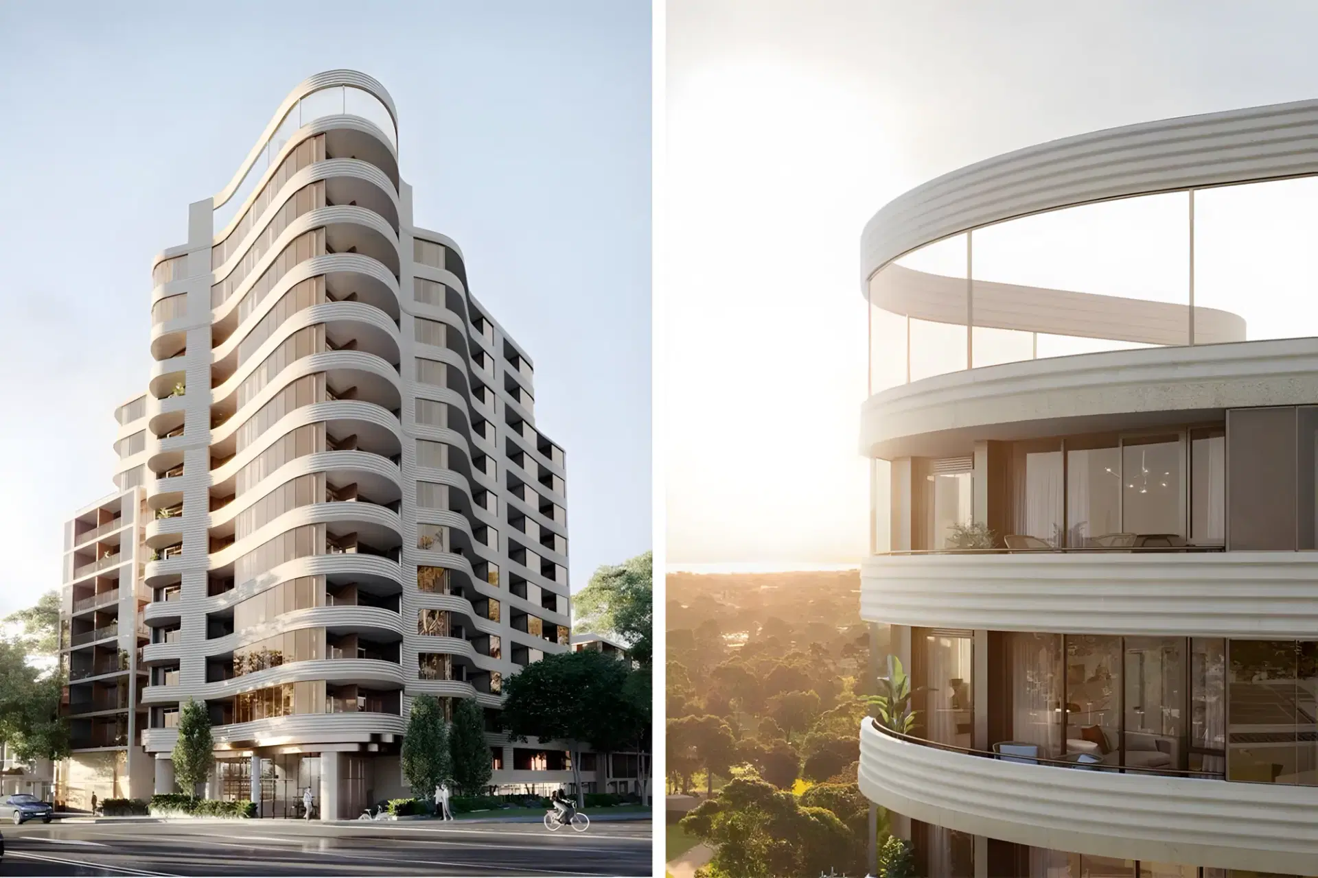 Render of the Highett apartment building showing its curved balcony bands and a detail of the facade