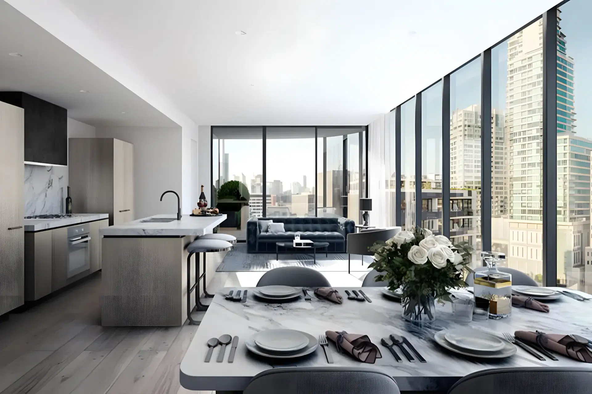 Open-plan kitchen and dining area with a marble table and city outlook